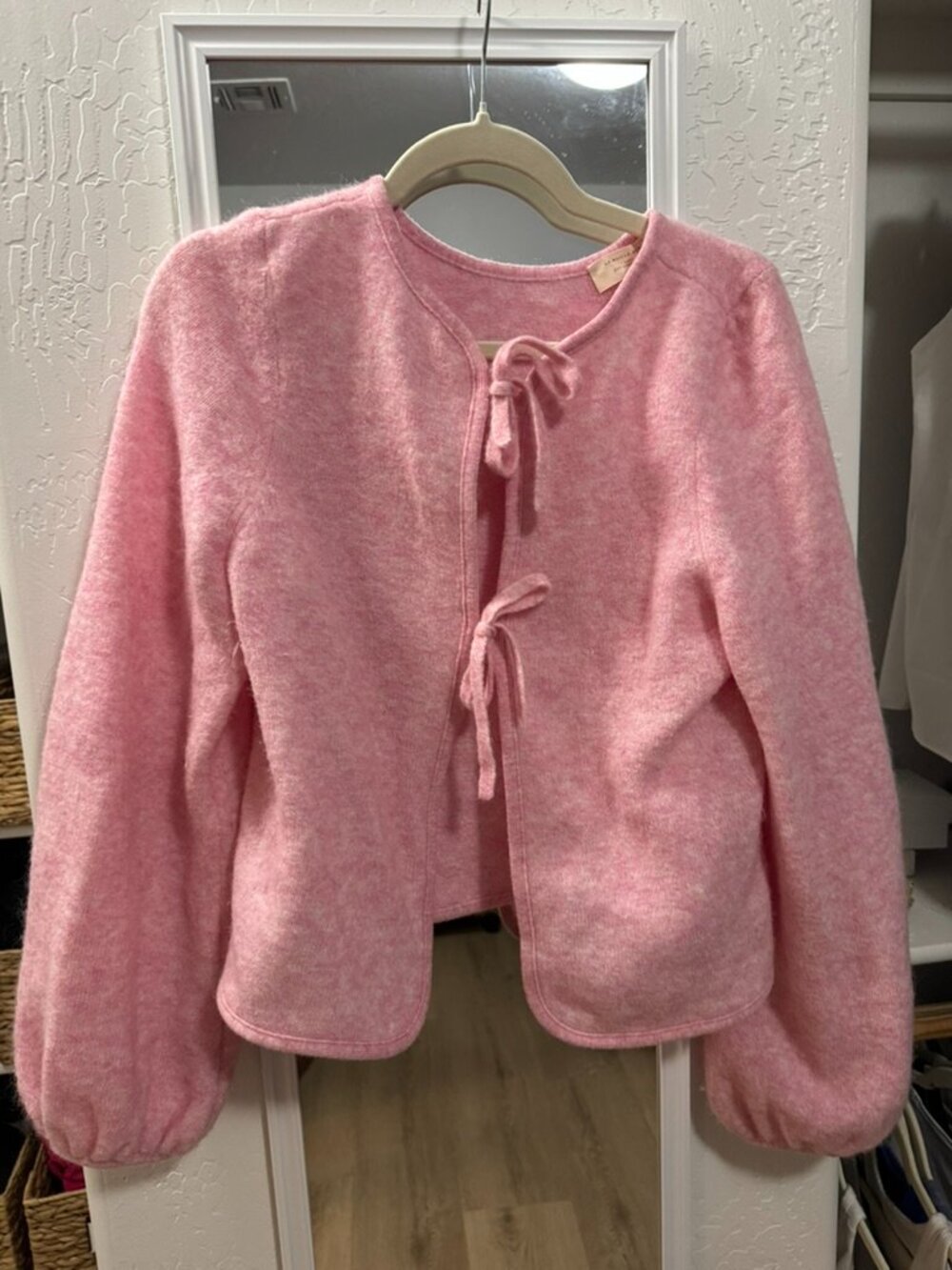 Sézane Marie Cardigan Pink Merino Wool Tie Front Balloon Sleeve Size L